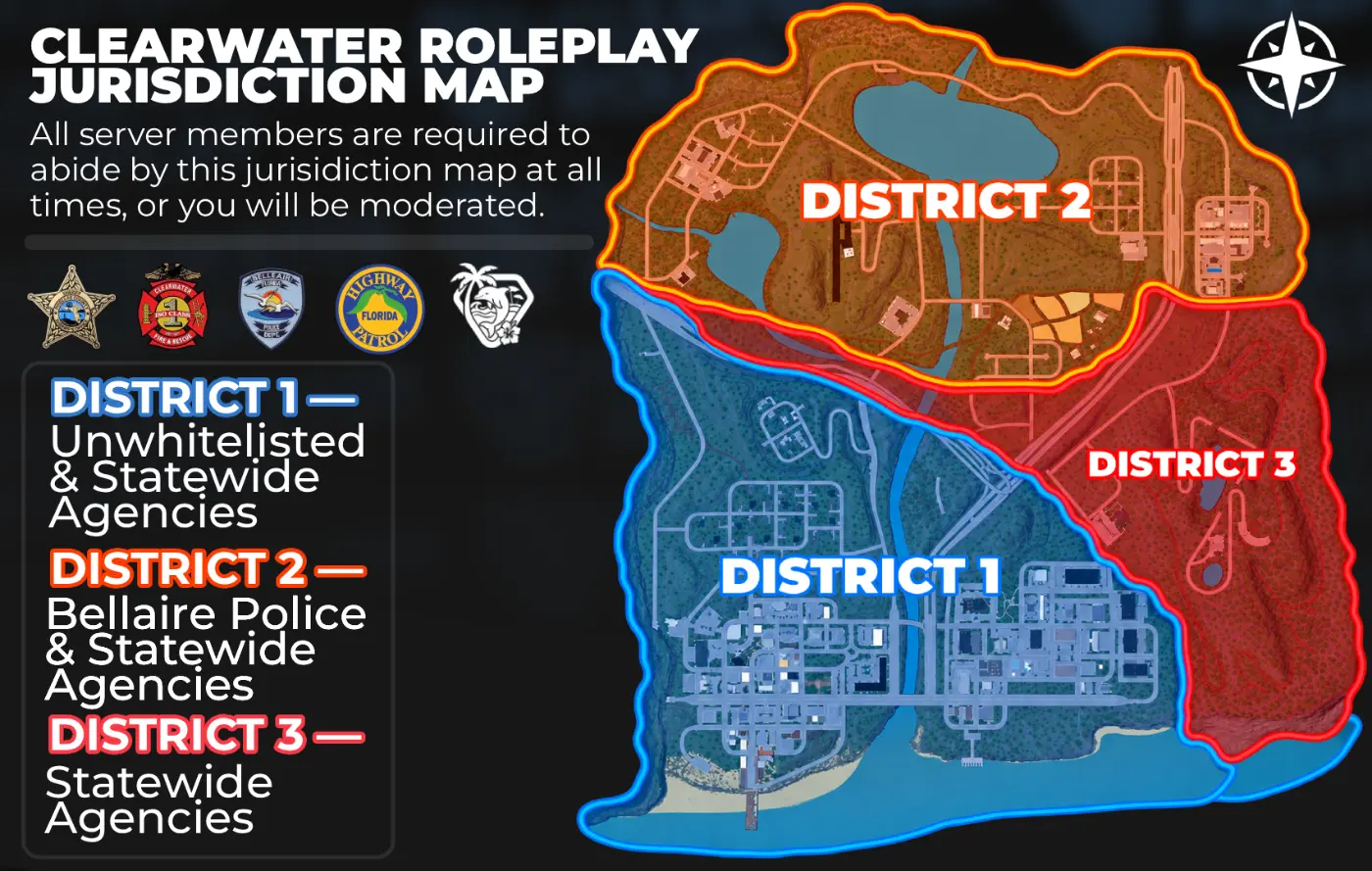 Clearwater Roleplay jurisdiction map showing Districts 1, 2 and 3
